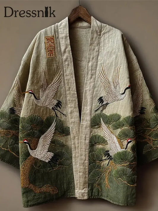 Herren Japanische Kräne & Kiefern Bestickte Leinen-Kimono-Strickjacke Grün / S