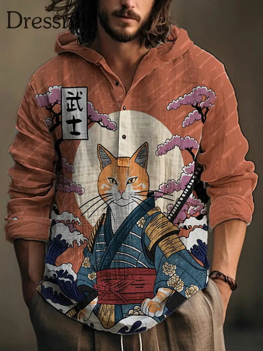 Herren Japanische Kunst Katze Bedrucktes Hemd als bild / S