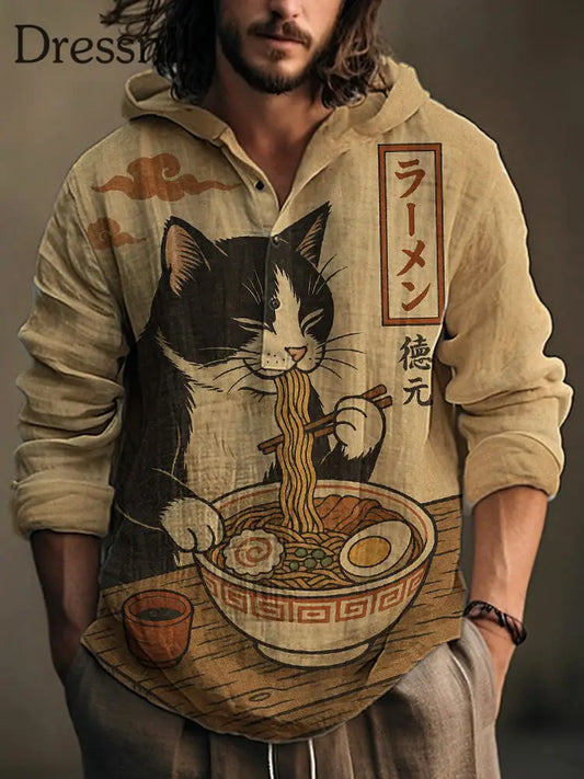 Herren Japanische Kunst Katze Bedrucktes Hemd als bild / S