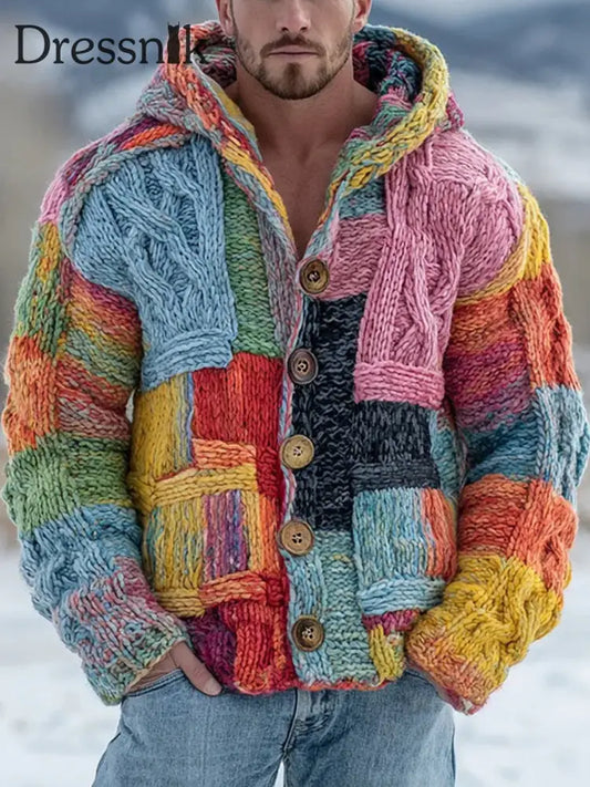 Herren-Kapuzen strickjacke mit Retro-Farb block druck als bild / S
