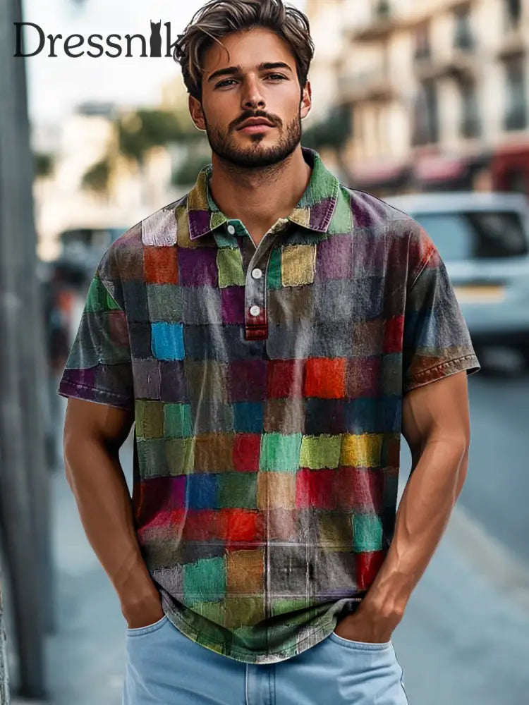 Herren Retro bunt kariert bedrucktes kurzärmliges Polos hirt