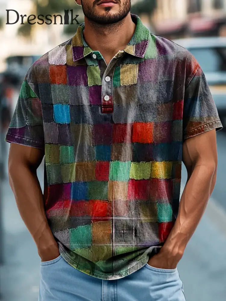 Herren Retro bunt kariert bedrucktes kurzärmliges Polos hirt bunt / S