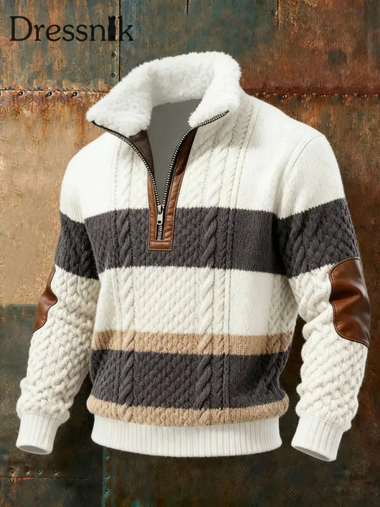 Herren Retro-Farb block gestrickter Muster druck lÀssiger Pelzkragen pullover Beige / S