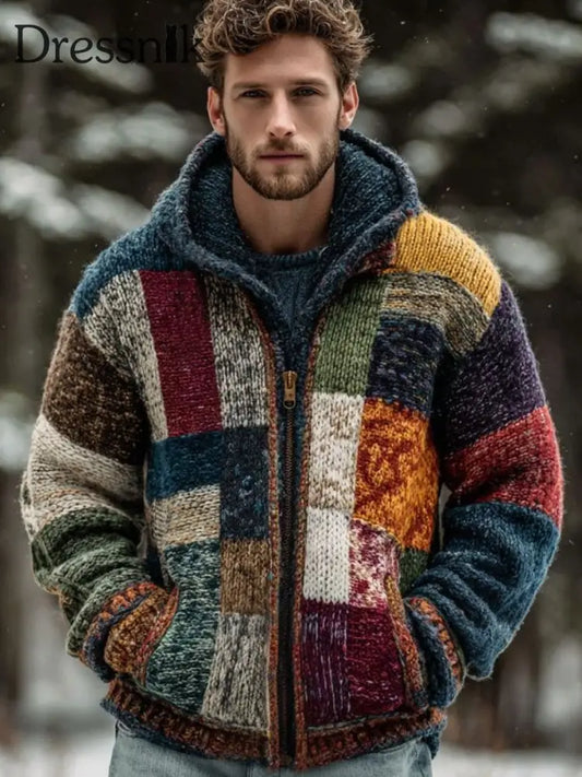 Herren Retro-Farb block mit Reiß verschluss Kapuzen strickjacke als bild / S
