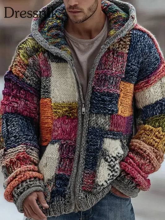 Herren Retro-Farb block mit Reiß verschluss Kapuzen strickjacke als bild / S