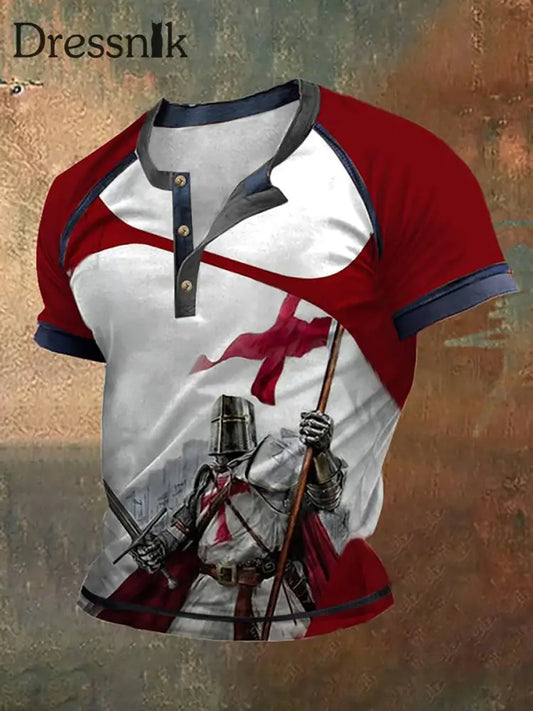 Herren Retro Kontrast farbe Ritter Glaube Henley Hals T-Shirt Rot / S