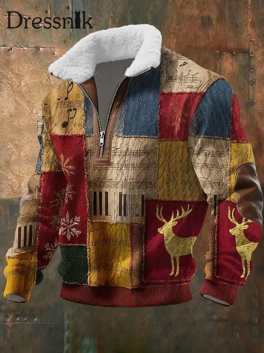 Herren Retro Weihnachts kunstdruck Casual Reiß verschluss Pelz kragen Sweatshirt A / S
