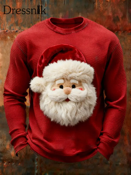 Herren Retro-Weihnachtsmann-Print-Waffel-T-Shirt mit langen Ärmeln Rot / S