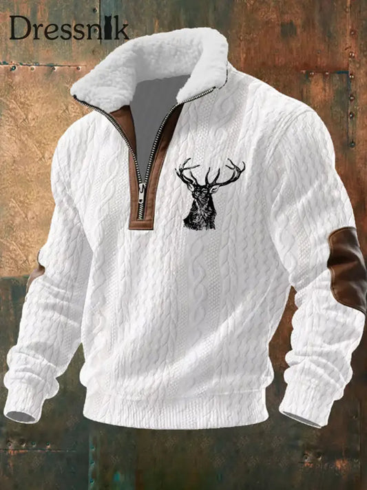 Herren Retro Western Art Print Casual Reiß verschluss Pelz Kragen Sweatshirt A / S