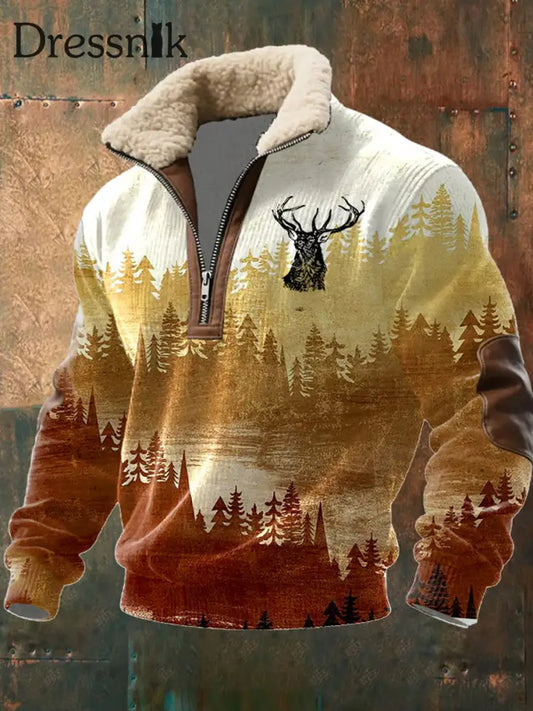 Herren Retro Western Art Print Casual Reiß verschluss Pelz Kragen Sweatshirt A / S