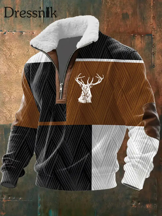 Herren Retro Western Art Print Casual Reiß verschluss Pelz Kragen Sweatshirt A / S