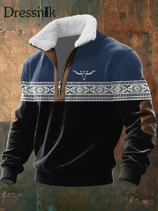 Herren Retro Western Art Print Casual Reiß verschluss Pelz Kragen Sweatshirt A / S