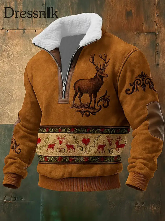 Herren Retro Western Art Print Casual Reiß verschluss Pelz Kragen Sweatshirt A / S