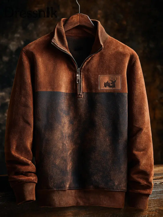 Herren Retro Western Deer Geweih Print Casual Reiß verschluss Sweatshirt Braun / S