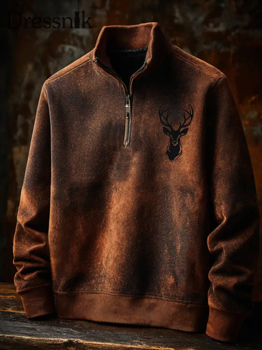 Herren Retro Western Deer Geweih Print Casual Reiß verschluss Sweatshirt Braun / S
