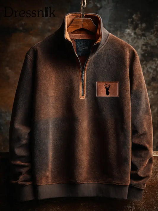 Herren Retro Western Deer Geweih Print Casual Reiß verschluss Sweatshirt Braun / S