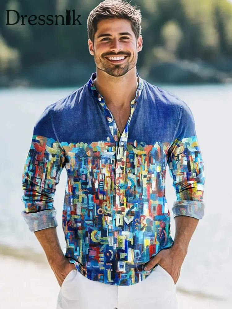 Herren Vintage Abstrakt Gemaltes Print Hawaiian Langarm Henley Hemd