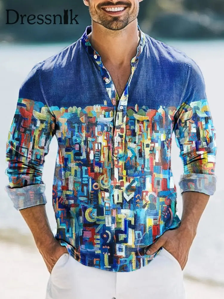 Herren Vintage Abstrakt Gemaltes Print Hawaiian Langarm Henley Hemd bunt / S