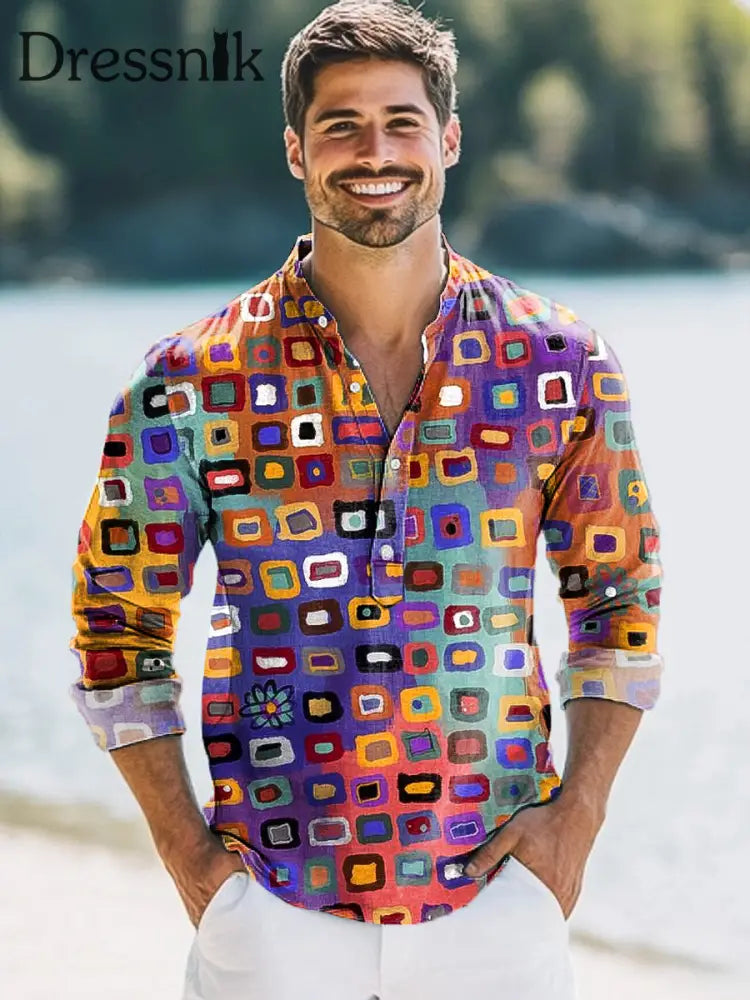 Herren Vintage Abstrakt Geometrischer Druck Hawaiian Langarm Henley Hemd