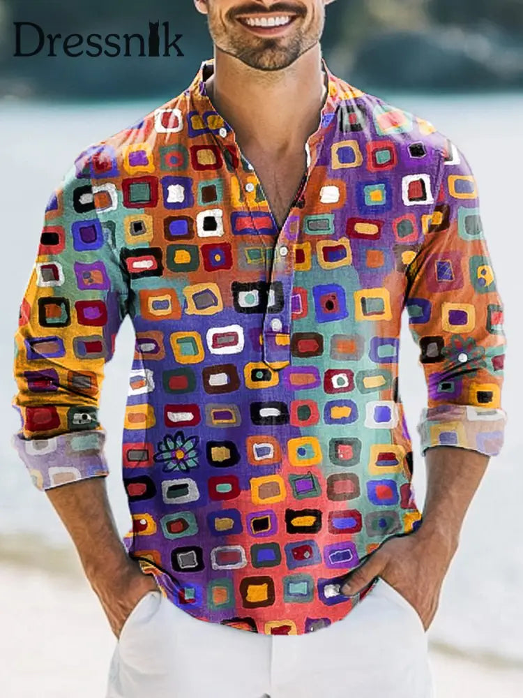 Herren Vintage Abstrakt Geometrischer Druck Hawaiian Langarm Henley Hemd bunt / S