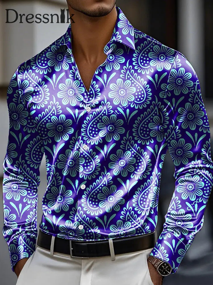 Herren Vintage Abstraktes Blumen druck Premium Satin Langarm Hemd bunt / S