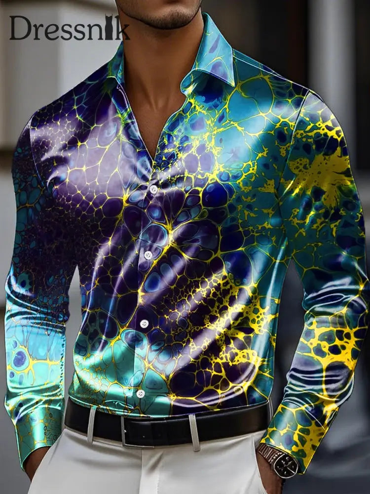 Herren Vintage Abstraktes Wasser wellen druck Premium Satin Langarm Hemd bunt / S