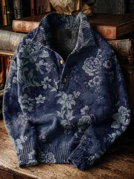 Herren Vintage Ethinic Flower Art Print Button Ständer Kragen Pullover Pullover als bild / S