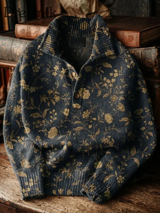 Herren Vintage Ethinic Flower Art Print Button Ständer Kragen Pullover Pullover als bild / S