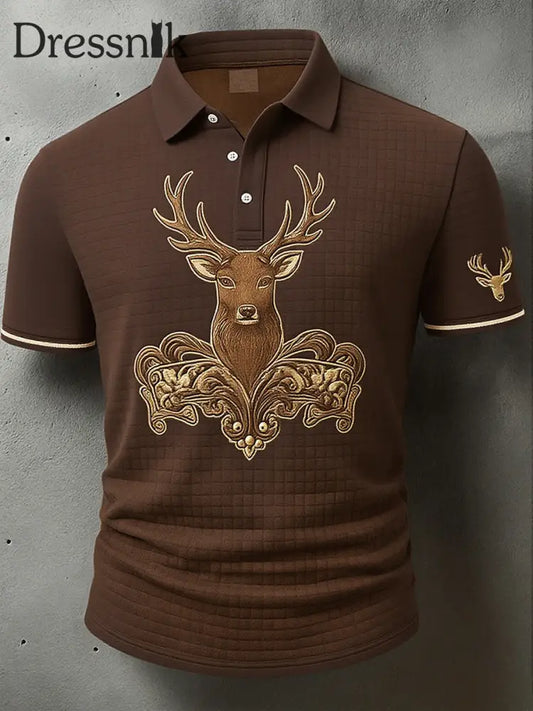 Herren Vintage Hirsch Kunstdruck Western Waffel Polo Shirt A / S