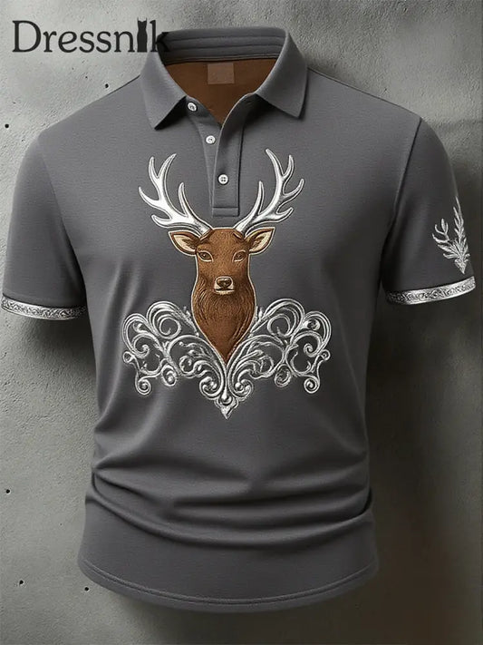 Herren Vintage Hirsch Kunstdruck Western Waffel Polo Shirt A / S