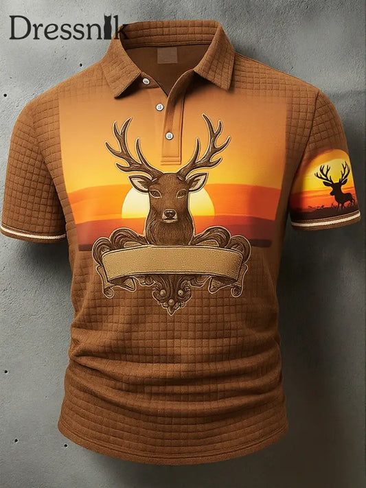 Herren Vintage Hirsch Kunstdruck Western Waffel Polo Shirt A / S
