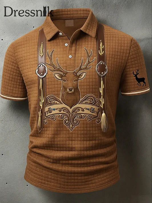 Herren Vintage Hirsch Kunstdruck Western Waffel Polo Shirt A / S