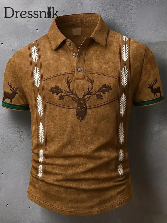 Herren Vintage Hirsch Kunstdruck Western Waffel Polo Shirt A / S
