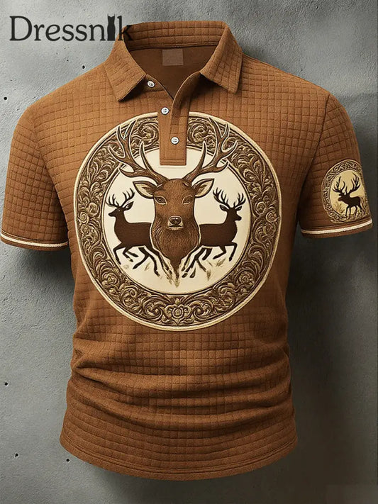 Herren Vintage Hirsch Kunstdruck Western Waffel Polo Shirt A / S