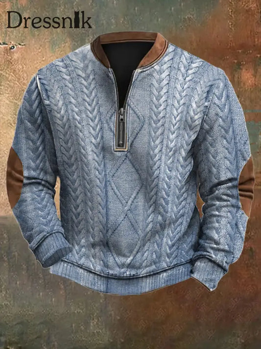 Herren Vintage Kabel muster Print Casual Reiß verschluss Sweatshirt Hellblau / S