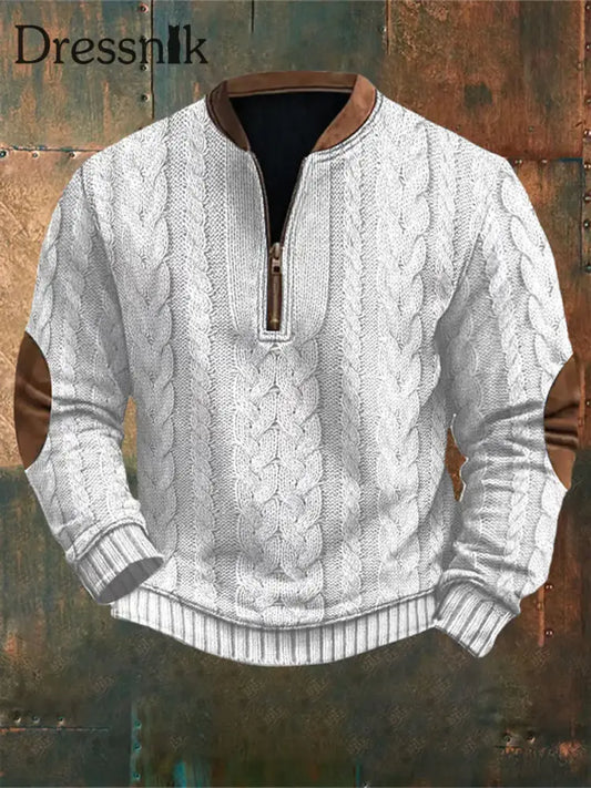 Herren Vintage Kabel muster Print Casual Reiß verschluss Sweatshirt Weiß / S