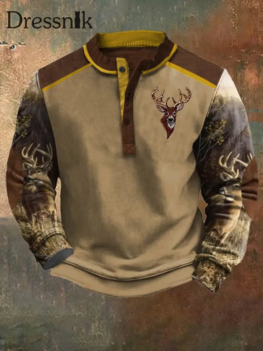 Herren Vintage Kontrast Elk Western Sweatshirt Khaki / S