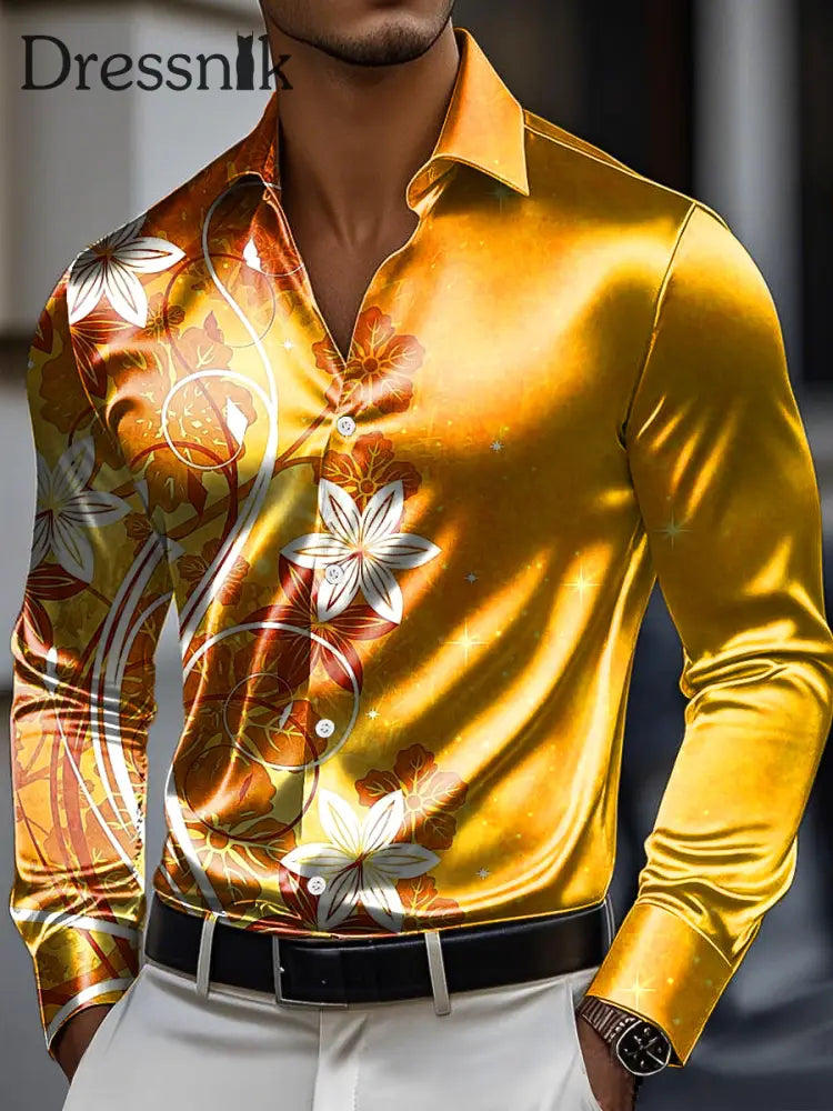 Herren Vintage-Linie mit Blumen druck Premium Satin Langarm Hemd bunt / S
