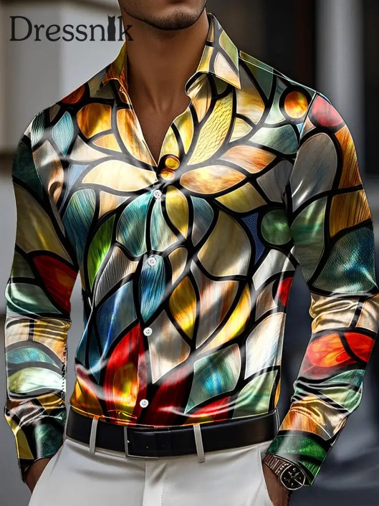 Herren Vintage mehrfarbiges geometrisches Design Premium-Satin-Langarm-Hemd bunt / S