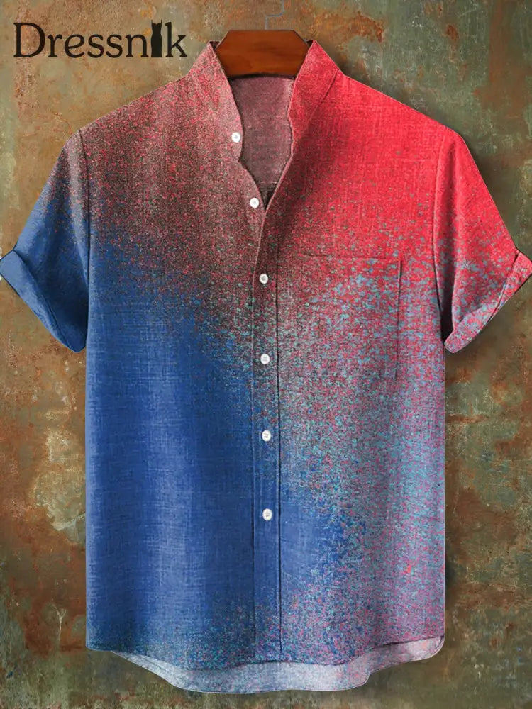Herren Vintage Tinte Farbe Kunstdruck Stand Kragen Kurzarm Taschen hemd bunt / S