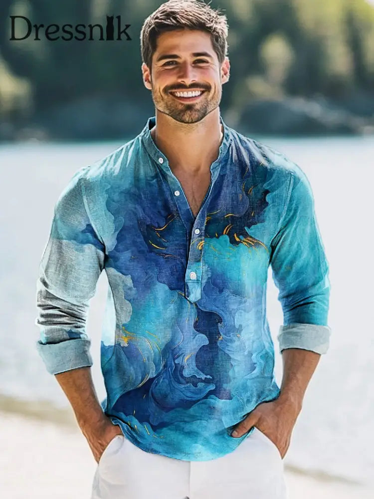Herren Vintage Tinte Textured Print Hawaiian Langarm Henley Hemd