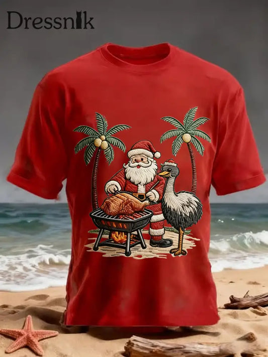Herren Vintage Tropisches Weihnachtsmann-Print Weihnachts-T-Shirt reines Rot / S