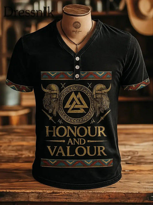 Herren Vintage Viking Art bedrucktes T-Shirt mit V-Ausschnitt Retro-Kurzarm-Knopf A / S