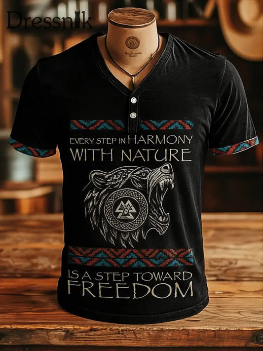 Herren Vintage Viking Art bedrucktes T-Shirt mit V-Ausschnitt Retro-Kurzarm-Knopf A / S