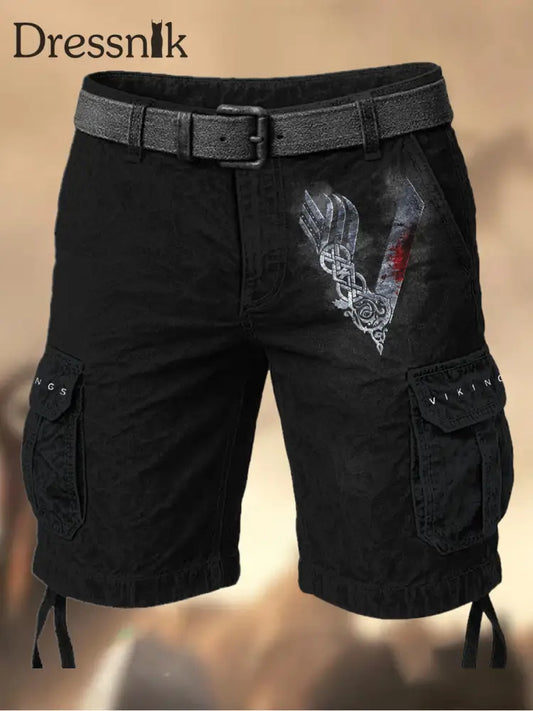 Herren Vintage Viking Grafik Bedruckte Textur Kordel zug Tasche Freizeit-Cargo-Shorts A / S