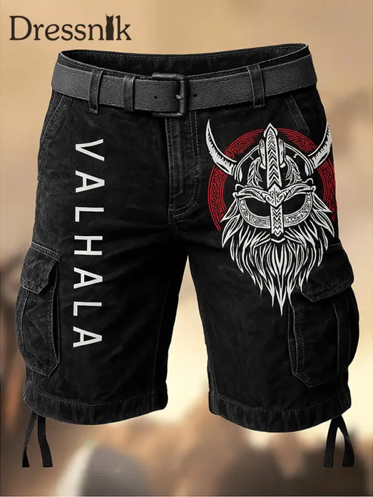 Herren Vintage Viking Mythos bedruckte Textur Kordel zug Tasche Freizeit-Cargo-Shorts A / M