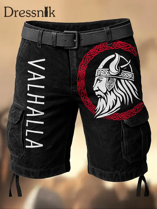Herren Vintage Viking Mythos bedruckte Textur Kordel zug Tasche Freizeit-Cargo-Shorts A / M