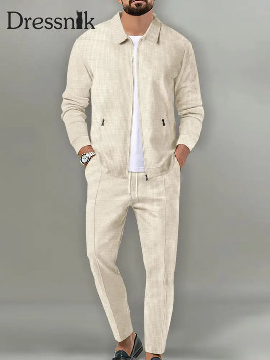 Herren Vintage Waffel-Weave-Reiß verschluss-Taschen-Revers Slim-Fit-Jacke Set Aprikose / S