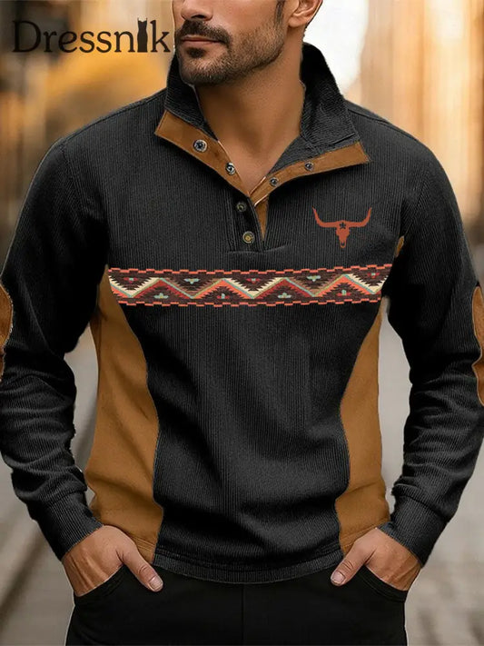 Herren Vintage Western bedrucktes Casual Sweatshirt Schwarz / S