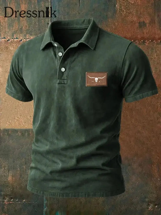 Herren Vintage Western bedrucktes Freizeit hemd Armee grün / S